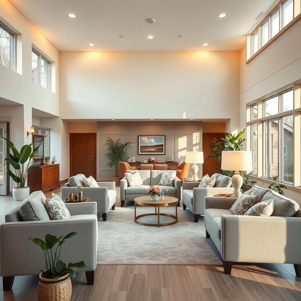 Premium common area with warm lighting, soft textures, and airy design
