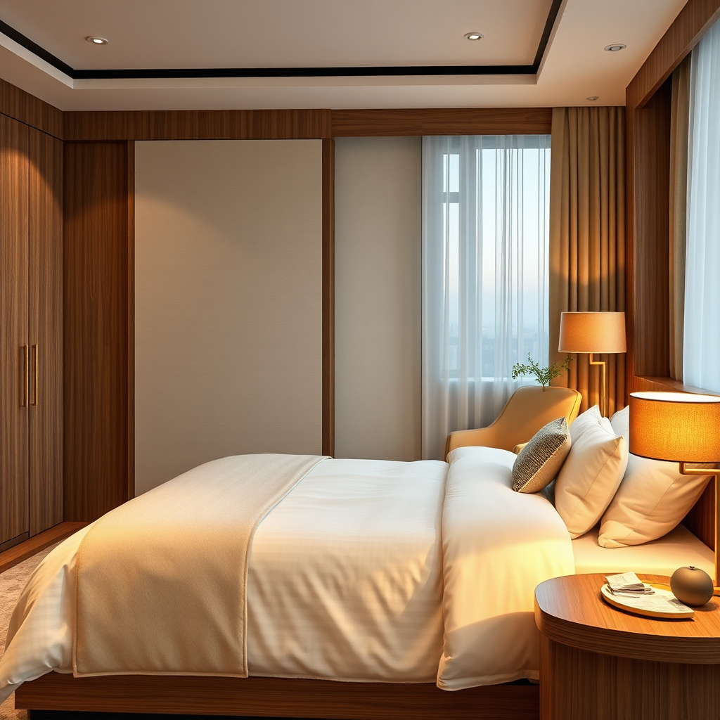 Senior residence interior with warm lighting, premium textures, calm atmosphere