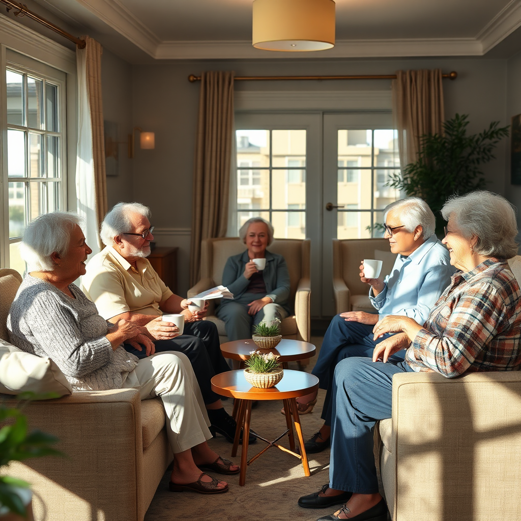 Older adults enjoying a calm community activity in a sophisticated, warm environment