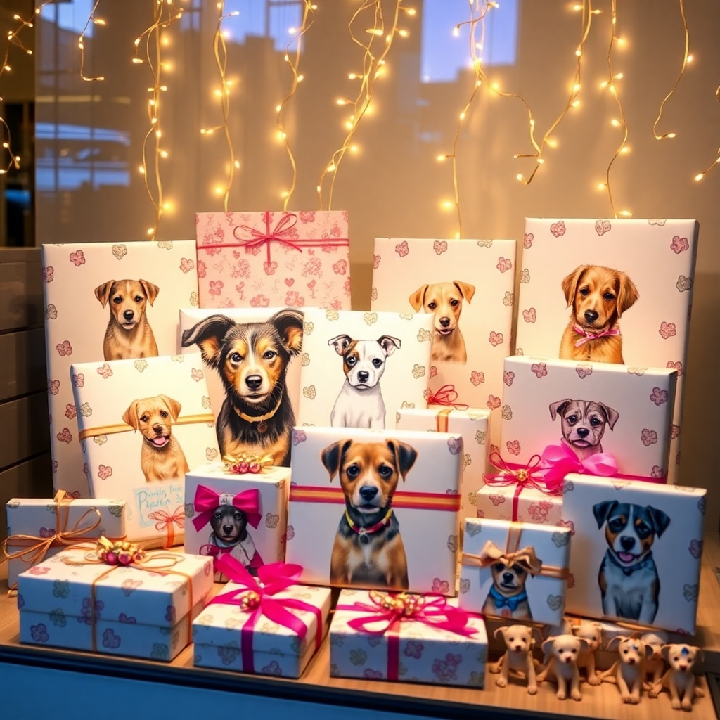 Muestra una atractiva selección de regalos personalizados con retratos de mascotas, bellamente envueltos. La captura muestra una visión encantadora de cómo se pueden organizar los regalos de forma creativa, con lujosos papeles de regalo y adornos. La iluminación es encantadora y crea un ambiente festivo que invita a los espectadores a regalar estos regalos.