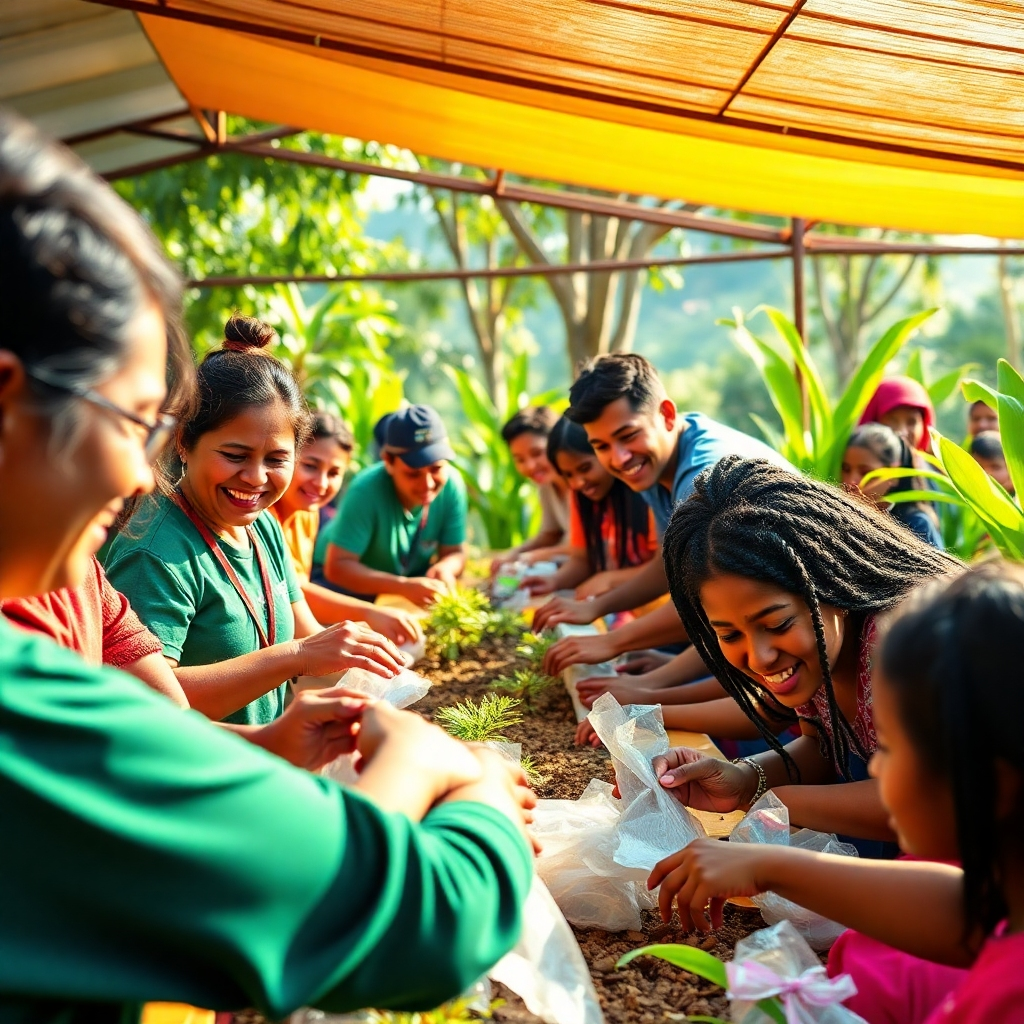 Visualice una escena donde miembros de la comunidad participan en un evento de voluntariado, trabajando en una iniciativa social que beneficia a la región del Quindío. El ambiente debe ser animado y lleno de actividad, mostrando el esfuerzo práctico en acción. Capturar sonrisas y trabajo en equipo creará una sensación de positividad. Use colores vibrantes e iluminación dinámica para evocar un sentimiento de unidad. La imagen debe ser detallada e impactante, y presentarse en alta resolución.