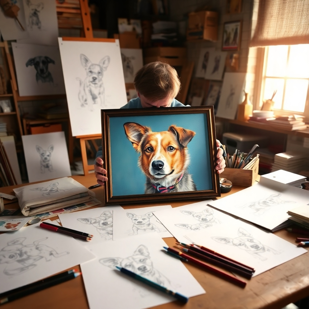 Visualice un retrato de mascota a medida en el taller de un artista. Diversos bocetos y borradores se encuentran dispersos, mostrando el proceso de personalización. Una luz acogedora baña el espacio de trabajo, realzando la intensidad de los colores, y se puede ver al artista reflexionando profundamente sobre el proceso creativo, conectando con el mensaje del arte a medida.