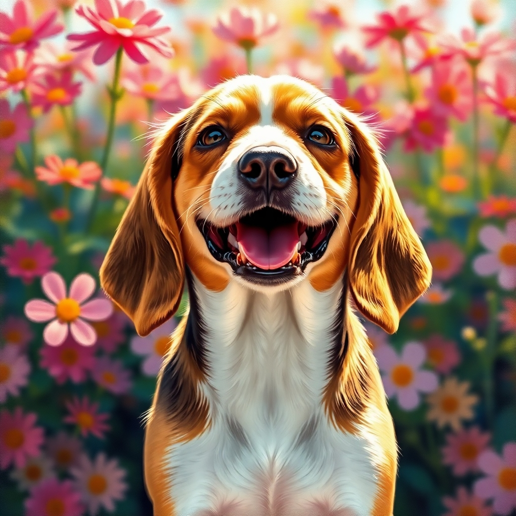 Visualice un retrato íntimo de un beagle juguetón sobre un vibrante fondo de flores. Esta imagen fotorrealista debe capturar la expresión alegre del perro, con la luz del sol resaltando la suavidad de su pelaje. Las pinceladas del artista deben ser visibles en el lienzo, realzando las texturas y los colores, creando una vívida representación de afecto y alegría.