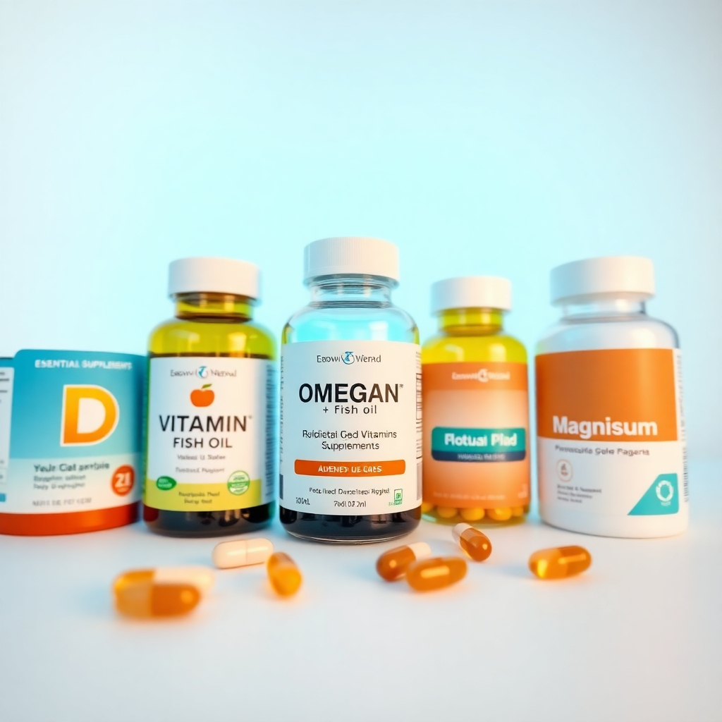 A clean and minimalist product shot featuring a selection of essential vitamin and mineral supplements. The composition includes bottles of Vitamin D, Omega-3 fish oil, and Magnesium capsules arranged on a white surface. The lighting is bright and even, highlighting the labels and details of each bottle. Camera angle: Eye-level, capturing the products from a straightforward perspective. Color palette: Primarily white and blue, with accents of orange and green. Style reference: Clean, modern, and pharmaceutical-grade imagery. Technical specs: 4K resolution, studio lighting.