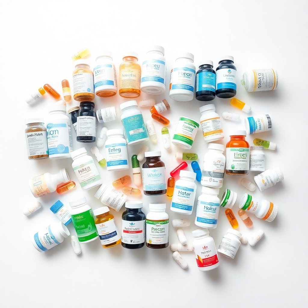 A clean and organized display of various supplement bottles and containers, arranged artfully on a white surface. The composition includes a variety of different types of supplements, each with a clear and informative label. The lighting is bright and even, highlighting the details of each product. Camera angle: Overhead, capturing the entire scene from a top-down perspective. Color palette: Primarily whites, blues, and greens. Style reference: Clean, modern, and pharmaceutical-grade imagery. Technical specs: 4K resolution, studio lighting.