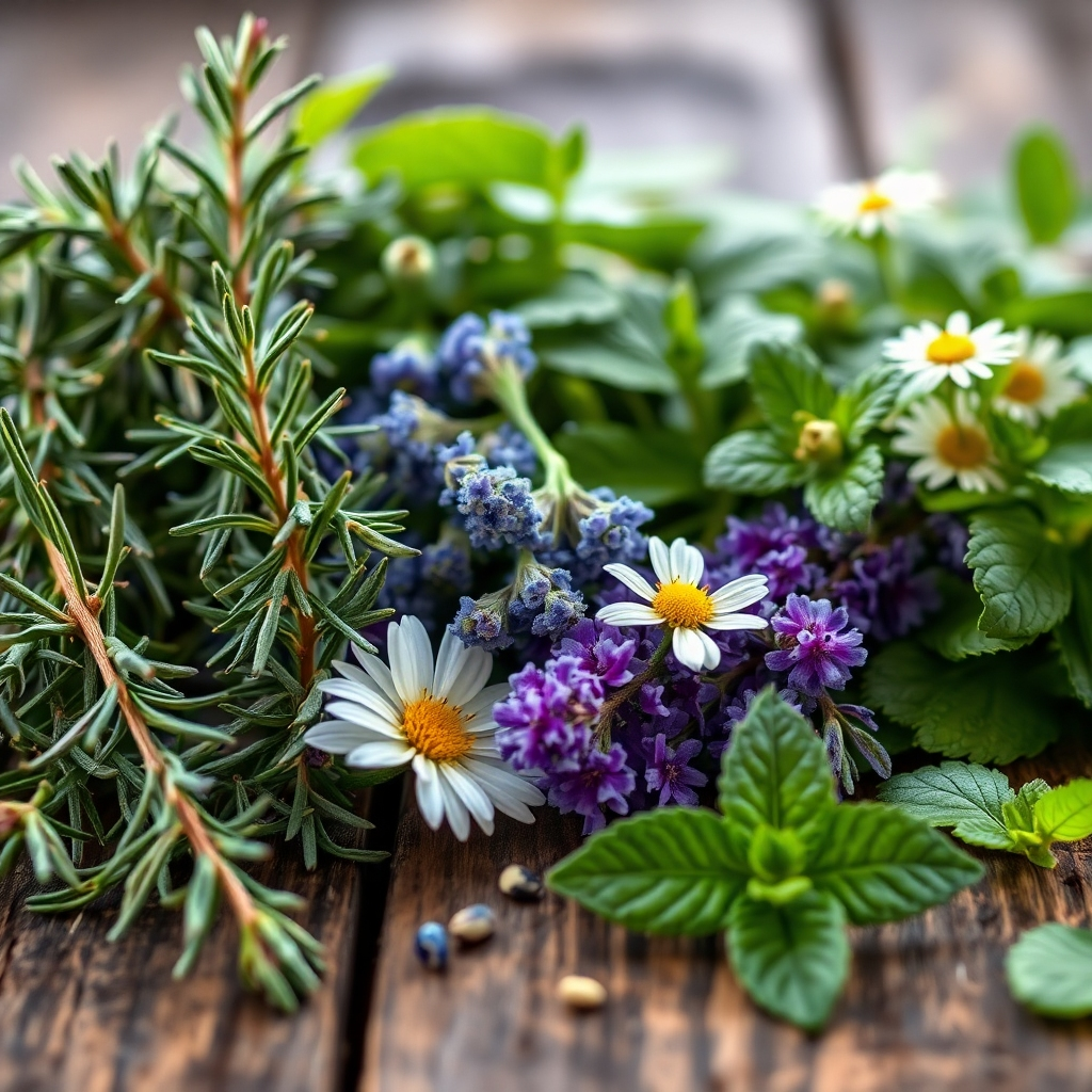 A close-up, photorealistic image of various medicinal herbs displayed on a rustic wooden table. The herbs should include rosemary, lavender, chamomile, and mint. Focus on the textures of the leaves and flowers, highlighting their unique details. Soft, natural light illuminates the scene, creating a sense of tranquility and natural beauty. Color palette: greens, purples, and earthy tones. Camera angle: macro, capturing the intricate details of the herbs. Style reference: botanical photography with a touch of rustic charm.