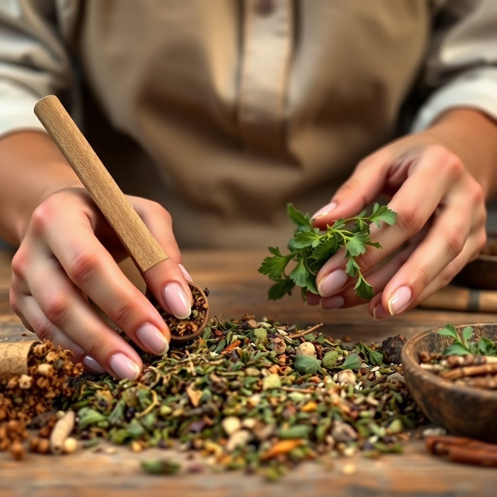 A close-up, photorealistic image of an herbalist preparing a custom herbal blend for a client. Focus on the textures of the herbs and the precision of the herbalist's movements. The scene should be well-lit and organized, conveying a sense of expertise and care. Color palette: earthy tones with pops of vibrant colors from the herbs. Camera angle: eye-level, focusing on the herbalist's hands.