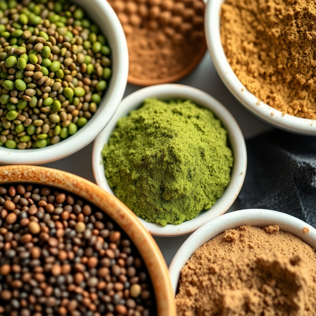 A close-up shot of chia seeds, spirulina powder, and maca powder arranged artfully in small bowls. The lighting is bright and even, highlighting the textures and colors of each ingredient. Camera angle: Macro, capturing the details of the chia seeds, spirulina powder, and maca powder. Color palette: Primarily browns, greens, and yellows. Style reference: Natural, rustic, and health-focused imagery. Technical specs: 4K resolution, macro lens.