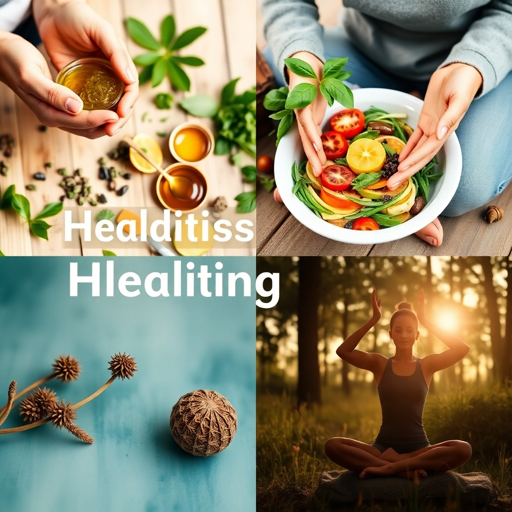 A collage-style image showcasing different holistic healing modalities. The collage includes images of hands preparing herbal remedies, a nutritious meal being prepared, and an individual practicing yoga in nature. The color palette should be vibrant and diverse, reflecting the variety of modalities. Lighting should be bright and inviting, creating a sense of energy and well-being. Style reference: a blend of stock photography and lifestyle imagery.