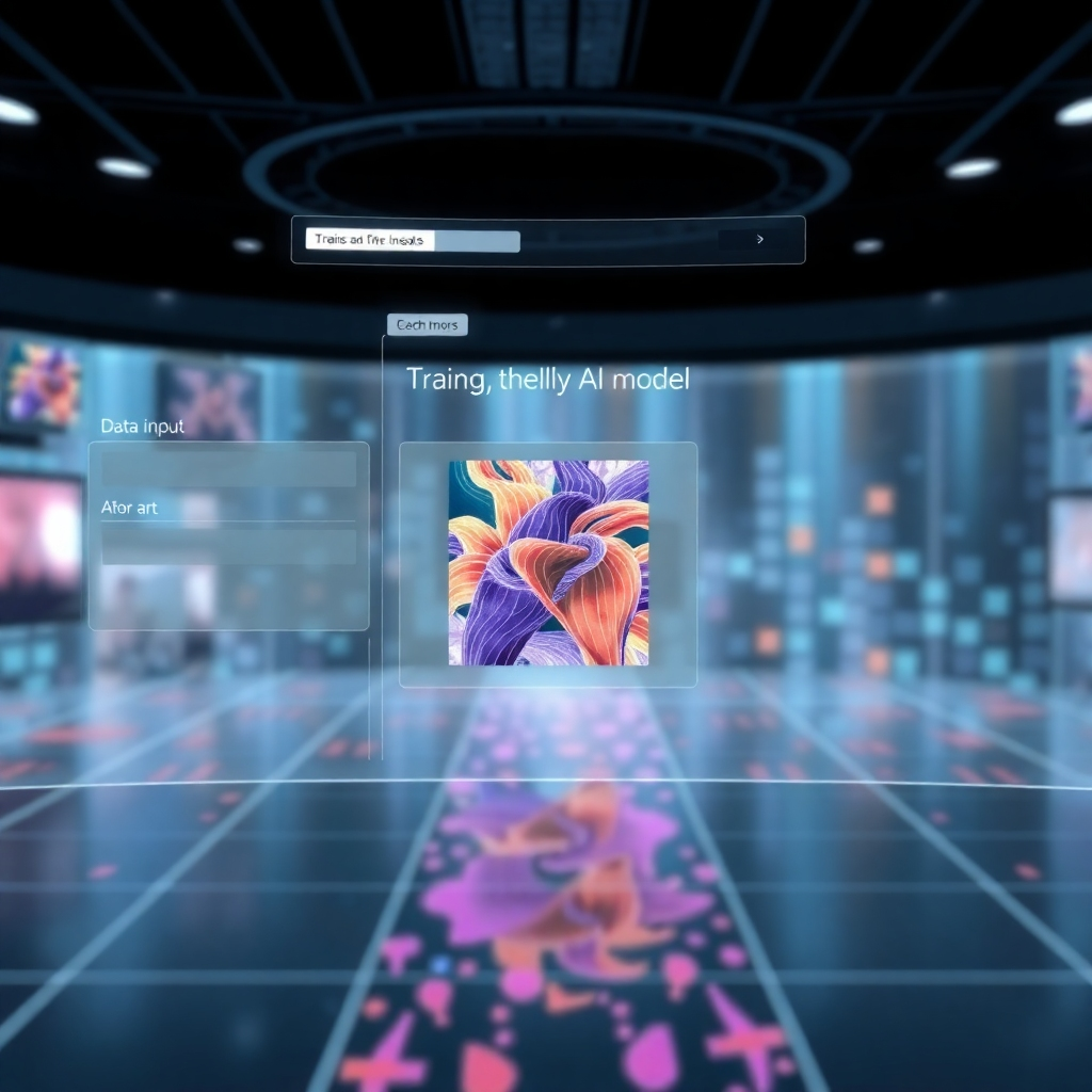 A futuristic interface showing the process of training an AI model to generate art. Focus on the data input and the resulting artistic output.