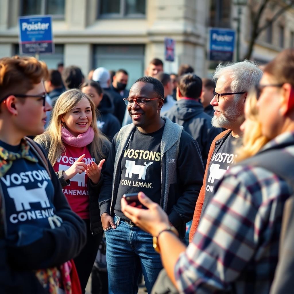 A group of people engaged in a lively discussion, each wearing political-themed clothing. Capture the energy and enthusiasm of the conversation. Style reference: Street photography. Technical Specs: 4K resolution.