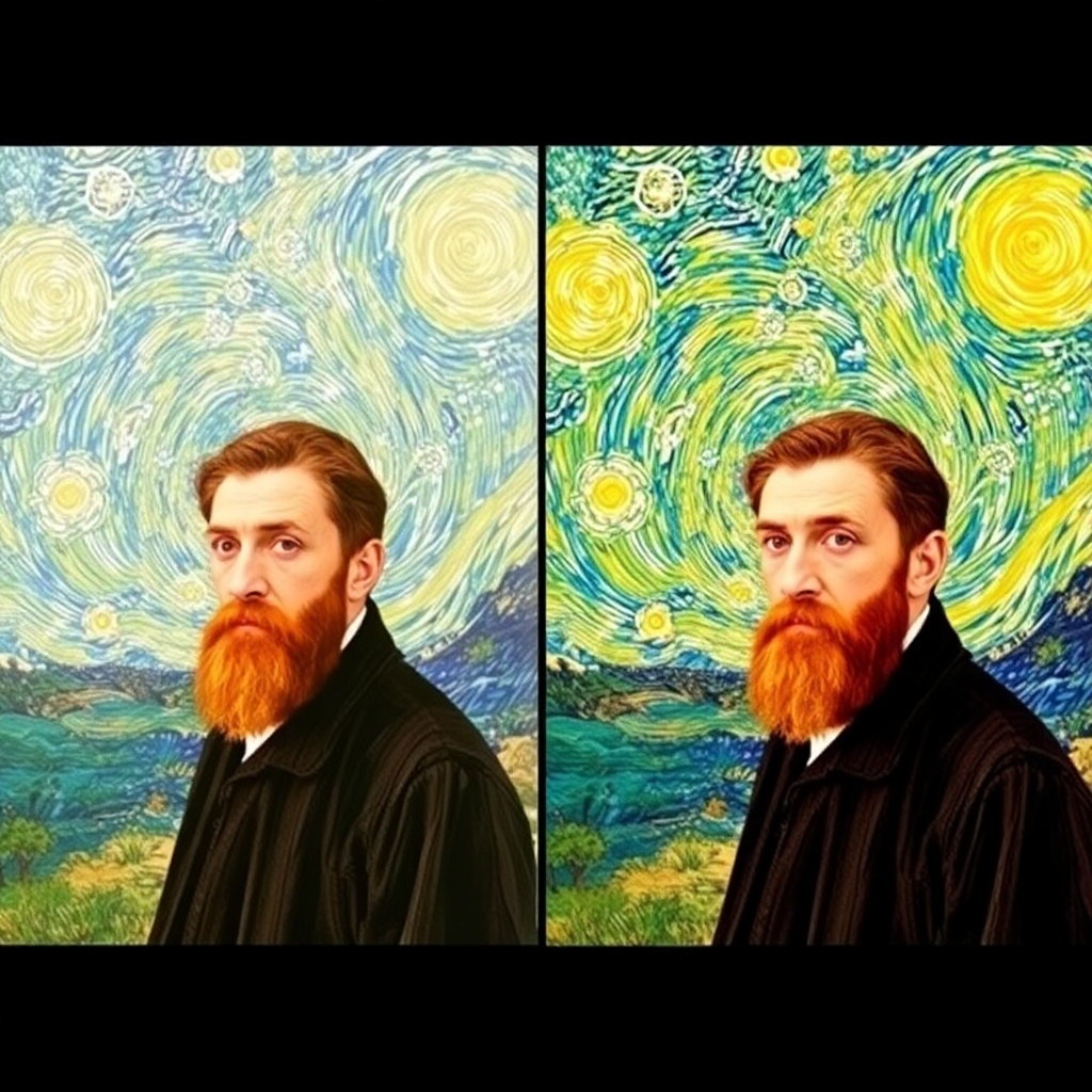 A photograph being transformed into a Van Gogh-style painting using AI. Showcase the original photo and the AI-generated version side-by-side.