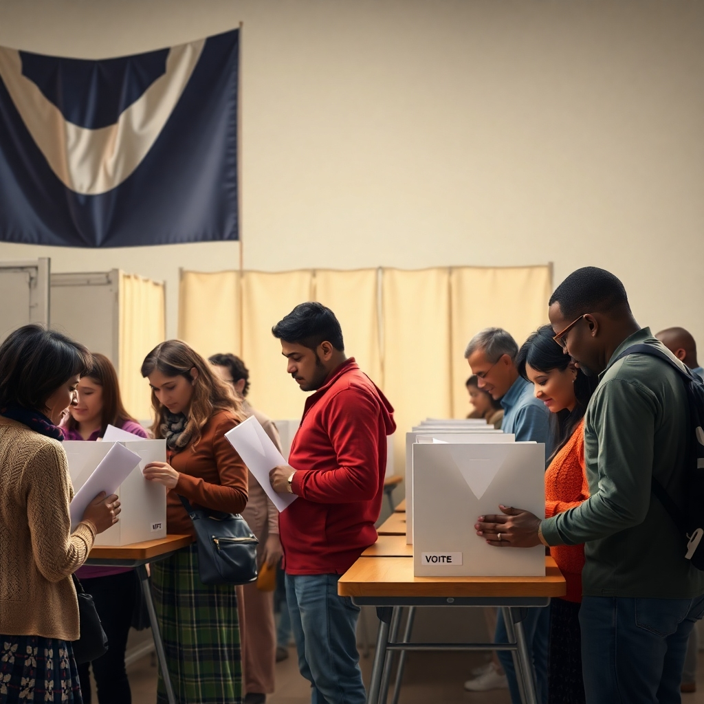 A photorealistic image depicting a diverse group of people casting their ballots at a polling station, symbolizing civic participation and democracy. Style reference: Social realism. Technical Specs: 4K resolution.