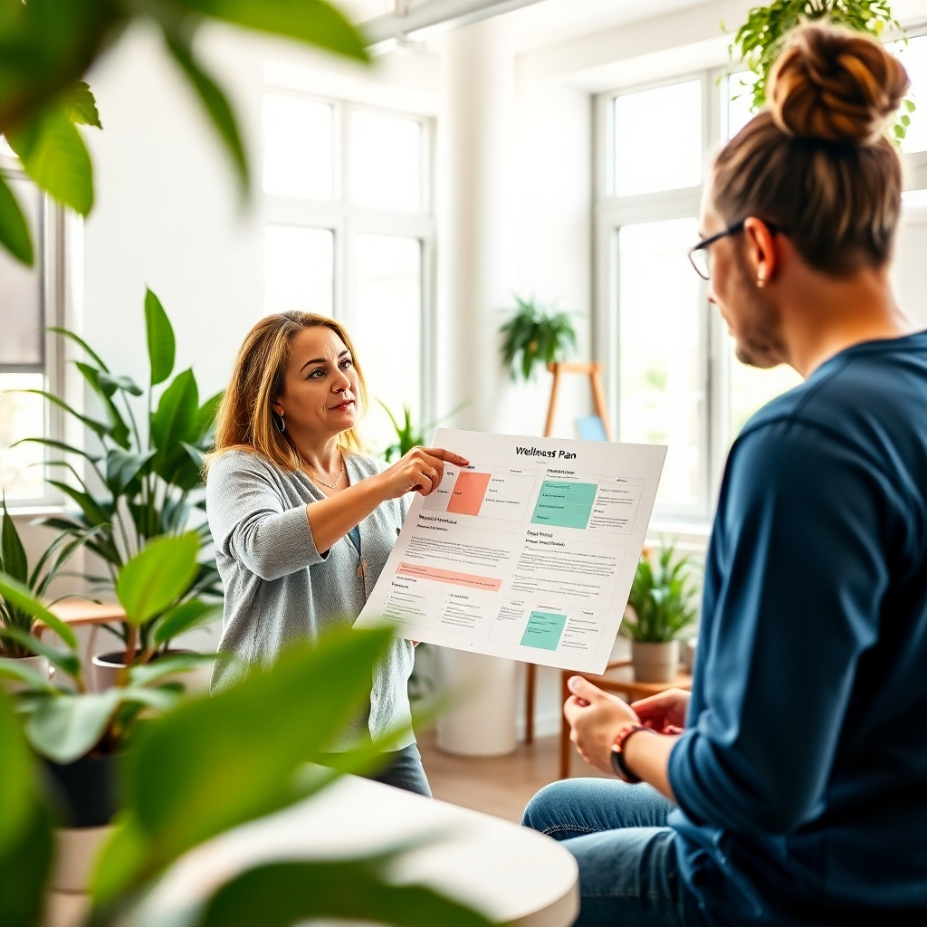 A photorealistic image depicting a wellness consultant reviewing a personalized plan with a client. The scene takes place in a bright, airy office with plants and natural light. The consultant is pointing to a chart or diagram, explaining the plan in detail. The client is engaged and attentive. Color palette: greens, blues, and warm neutrals. Camera angle: eye-level, fostering a sense of connection and trust. Style reference: lifestyle photography with a focus on wellness and empowerment.