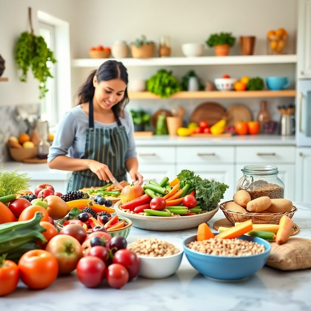 A photorealistic image of a colorful and nutritious meal being prepared in a bright and airy kitchen. The meal should include fresh fruits, vegetables, and whole grains. The scene should be well-lit and inviting, conveying a sense of health and well-being. Color palette: vibrant and diverse, reflecting the variety of foods. Camera angle: medium shot, showcasing the entire meal preparation process.