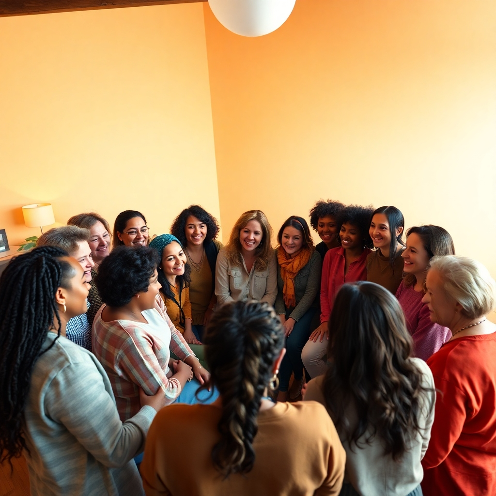 A photorealistic image of a diverse group of people gathered in a circle, sharing their stories and experiences. The scene takes place in a warm and inviting space. The individuals are all smiling and appear to be supportive and encouraging. The color palette should be warm and inviting, with oranges, yellows, and browns. Camera angle: eye-level, fostering a sense of connection and community. Style reference: documentary photography with a focus on social connection.