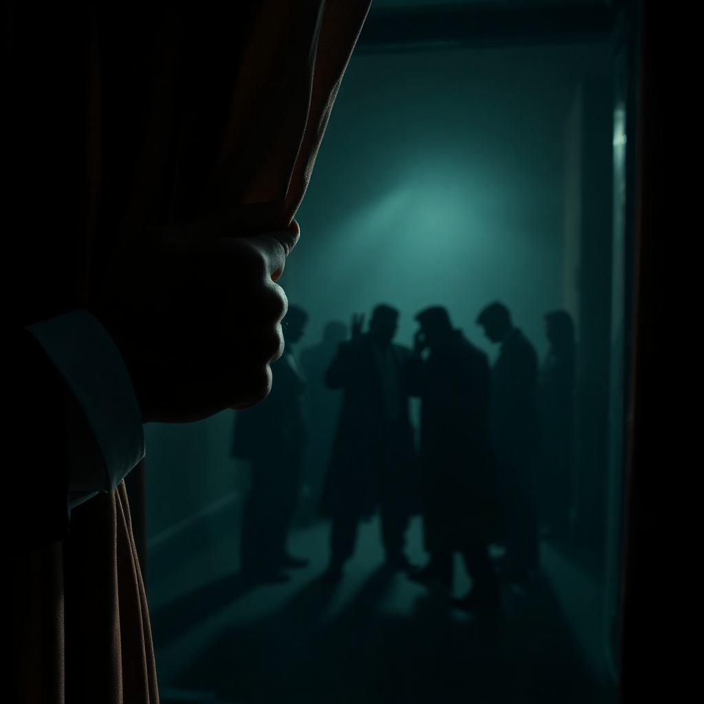 A photorealistic image of a hand pulling back a curtain to reveal a group of shadowy figures whispering and plotting in a dimly lit room. The hand should be detailed and realistic, emphasizing the act of unveiling. Style reference: Film noir. Technical Specs: 4K resolution.