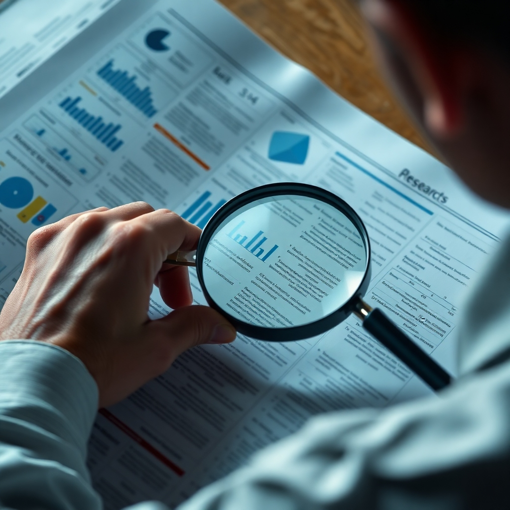 A photorealistic image of a person carefully examining a complex document with a magnifying glass, symbolizing thorough research and analysis. The document should be filled with graphs, charts, and text. Style reference: Documentary photography. Technical Specs: 4K resolution.