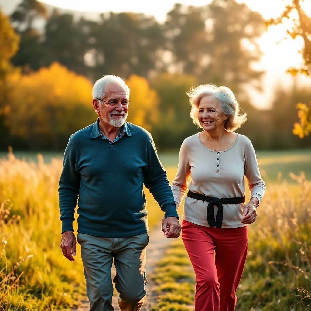 A photorealistic image of an elderly couple walking hand-in-hand in a beautiful natural setting. They are both smiling and appear healthy and vibrant. The scene represents the long-term benefits of adopting healthy lifestyle habits. The lighting should be warm and golden, creating a sense of peace and contentment. Color palette: earthy tones with pops of vibrant colors from the natural surroundings. Camera angle: wide shot, capturing the beauty of the scene and the connection between the couple. Style reference: lifestyle photography with a focus on healthy aging.