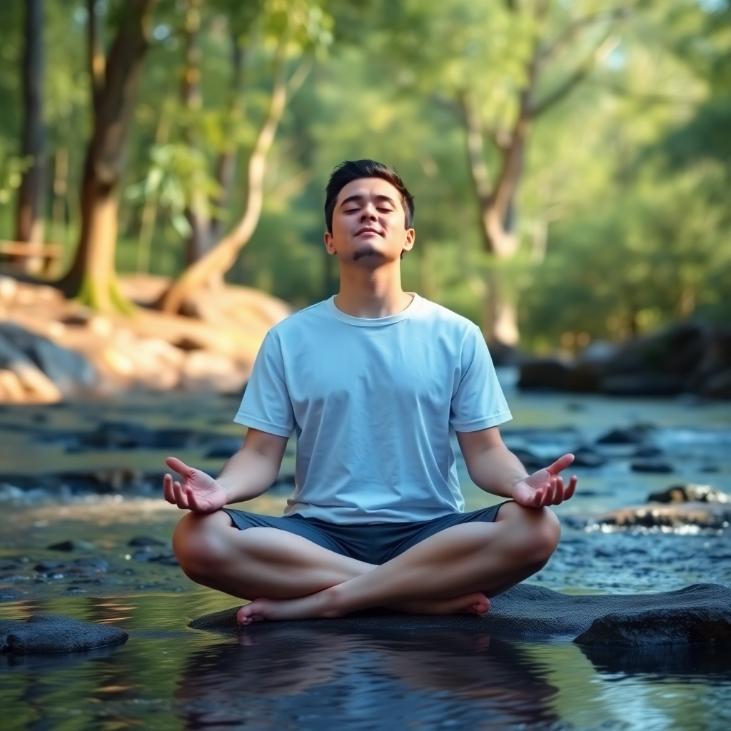 A photorealistic image of an individual practicing mindfulness meditation in a peaceful natural setting. The individual is sitting in a comfortable position with their eyes closed, surrounded by trees and flowing water. The scene should be well-lit and tranquil, conveying a sense of peace and serenity. Color palette: calming and harmonious, with blues, greens, and purples. Camera angle: wide shot, capturing the beauty of the scene and the individual's sense of calm.