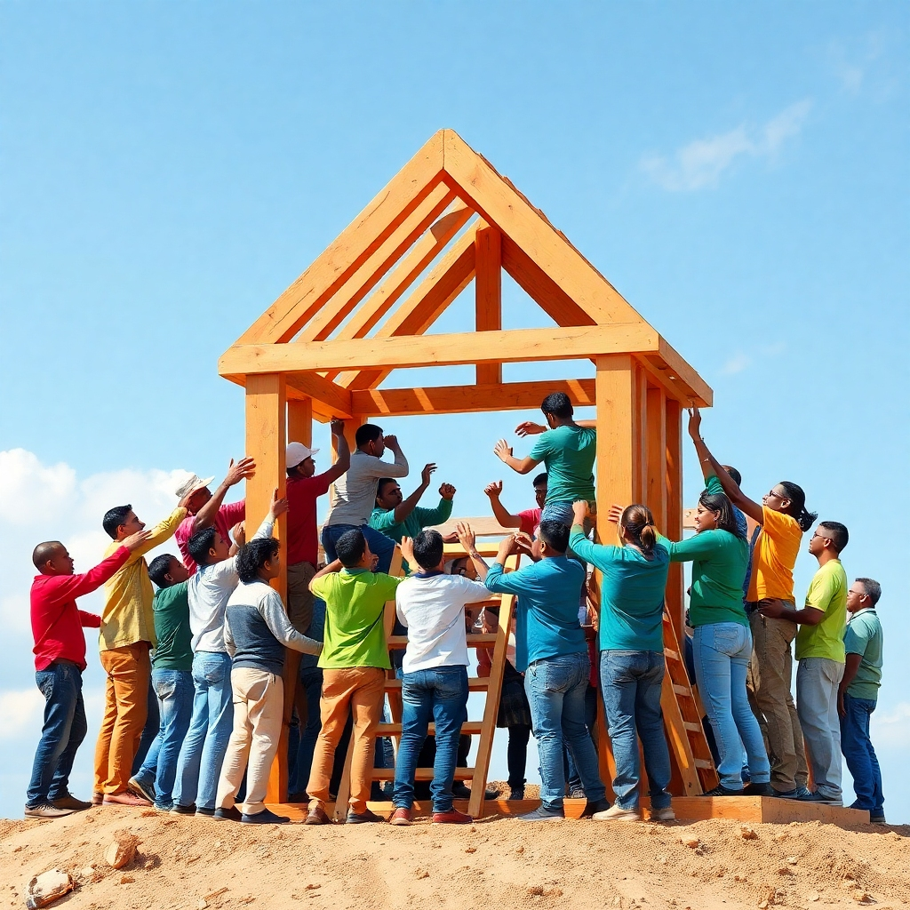 A photorealistic image of diverse group of people working together to build a structure symbolizing a positive future. Use vibrant colors. Style reference: Collaborative art. Technical Specs: 4K resolution.