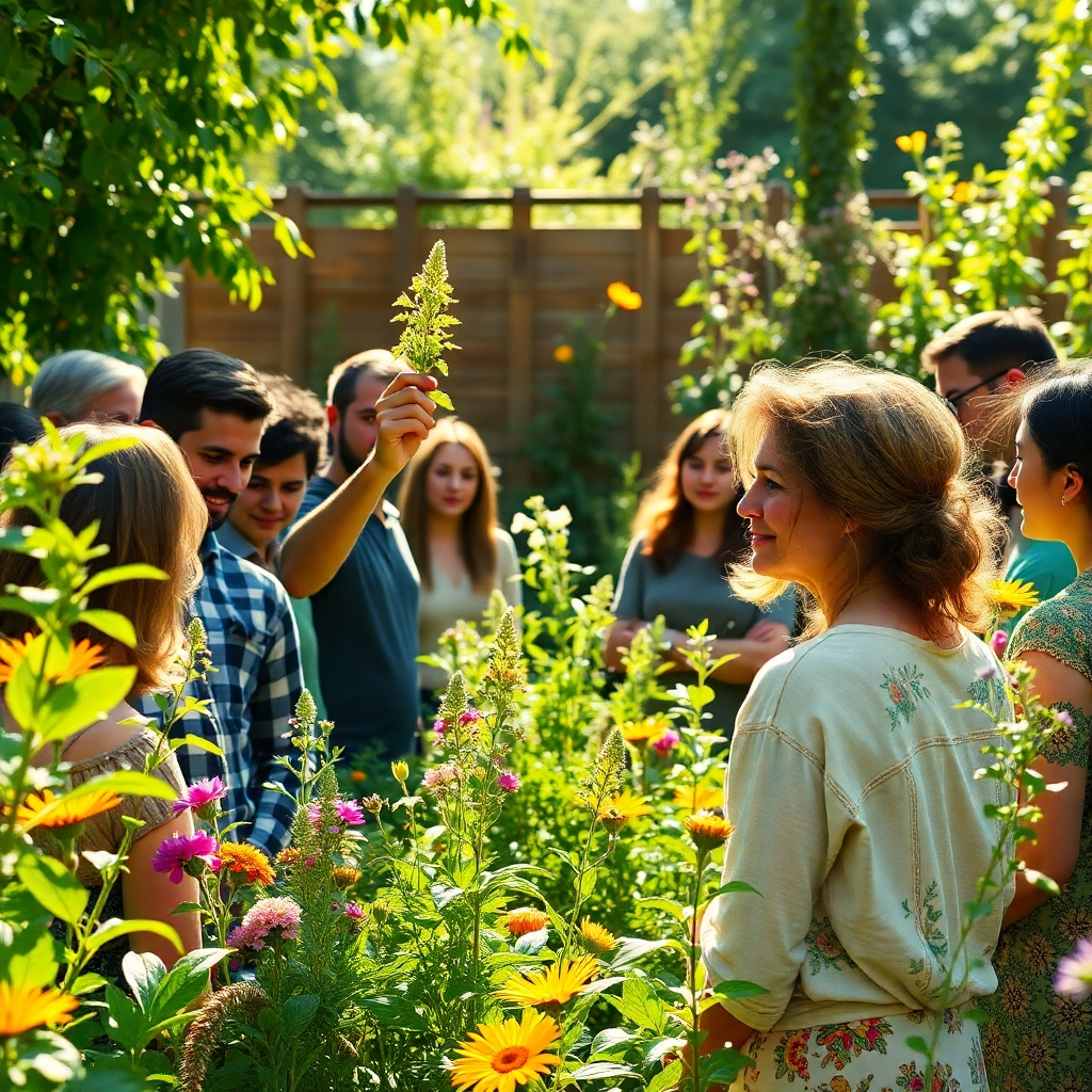 A photorealistic image representing the essence of Medicine Cabinet. The scene shows a diverse group of people gathered in a sunlit garden, learning about herbs and natural remedies from an experienced herbalist. The herbalist, a kind-faced individual, holds up a vibrant herb while explaining its properties. The garden is overflowing with medicinal plants, with detailed textures of leaves, flowers, and soil. Warm, natural light bathes the scene, creating a sense of community and well-being. The color palette is dominated by greens and earthy tones, with splashes of vibrant colors from the flowers. Camera angle is eye-level, fostering a sense of connection. Style reference: a blend of documentary photography and botanical illustration. 4K resolution, high quality.