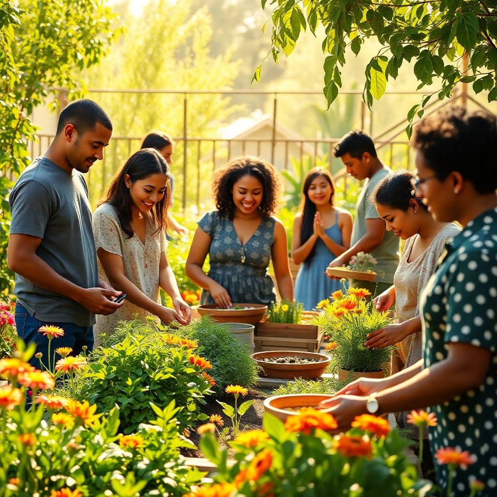 A photorealistic image representing the core values of 'Medicine Cabinet'. The scene depicts a diverse group of people engaged in healthy activities such as gardening, yoga, and preparing nutritious meals together. The setting is a vibrant, sunlit community garden filled with lush greenery and colorful flowers. The lighting is warm and inviting, creating a sense of community and well-being. Camera angle: Medium shot, capturing the interactions between the people and their environment. Textures should be detailed, showcasing the natural textures of the plants, clothing, and skin. Color palette: Warm and inviting, with a focus on greens, yellows, and oranges. Style reference: Community-focused, natural, and uplifting imagery. Technical specs: 4K resolution, high quality rendering.