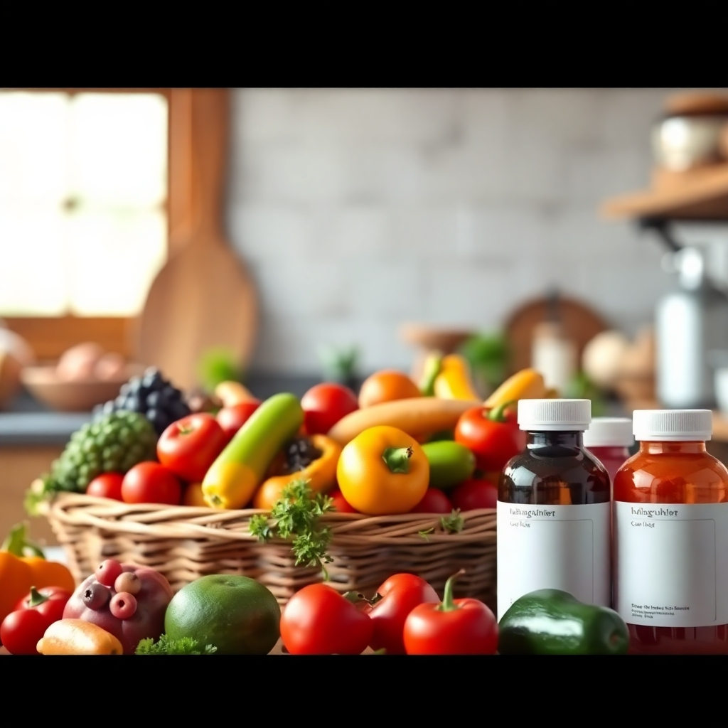 A photorealistic, ultra-high quality header image for 'Medicine Cabinet'. The scene features a vibrant display of colorful, fresh fruits and vegetables overflowing from a woven basket, positioned next to an assortment of supplement bottles with clean, minimalist labels. The lighting is soft and diffused, creating a warm and inviting atmosphere. The background is a blurred, sun-drenched kitchen with rustic wooden elements. Camera angle: Slightly high, capturing the entire scene with a shallow depth of field. Textures should be highly detailed, showcasing the natural textures of the food and the smooth surfaces of the supplement bottles. Color palette: Earthy tones combined with the bright hues of the produce. Style reference: Natural, organic, and health-focused imagery. Technical specs: 8K resolution, hyperrealistic rendering.