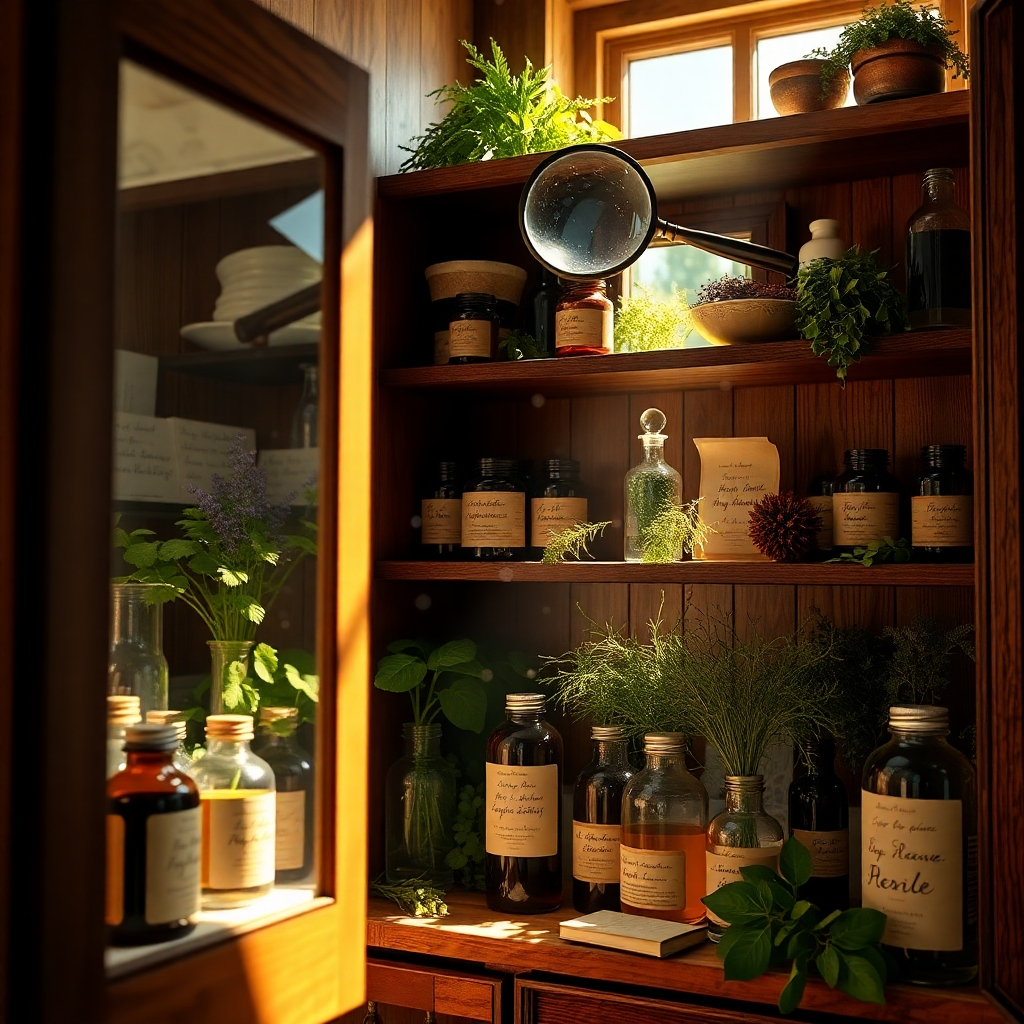 A photorealistic, ultra-high quality header image for "Medicine Cabinet: Unlock the Truth. Heal Naturally". The scene depicts a warmly lit, antique-style wooden medicine cabinet overflowing with vibrant herbs, glass bottles filled with natural remedies, and handwritten labels. Sunlight streams in through a nearby window, illuminating dust motes dancing in the air. Focus on texture detail: the wood grain of the cabinet, the intricate details of the herbs, and the aged paper of the labels. A magnifying glass rests on top, suggesting a quest for knowledge. The color palette leans towards earthy tones—greens, browns, and amber—with pops of color from the herbs. Camera angle is slightly low, looking up at the cabinet to emphasize its importance. Style reference: a blend of vintage apothecary and modern wellness photography. 8K resolution, hyperrealistic rendering.