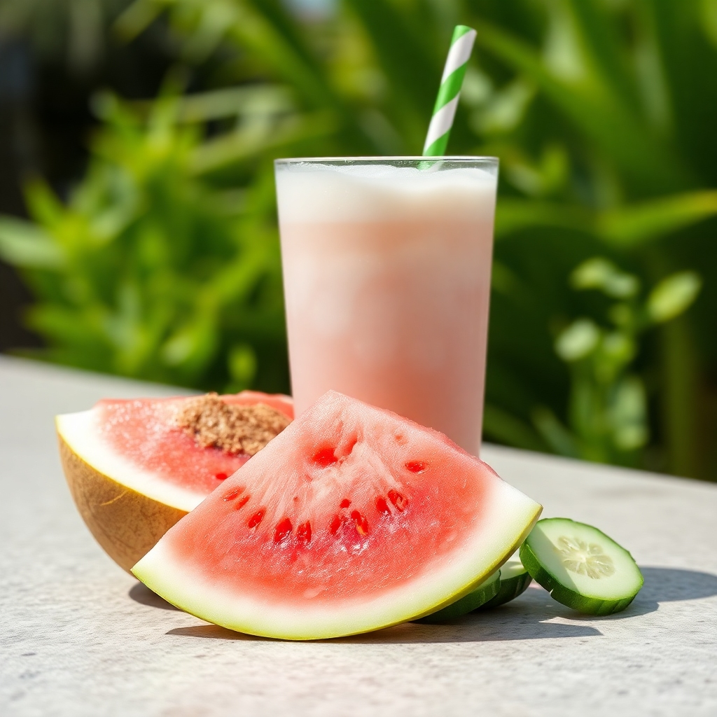 A refreshing image showcasing slices of watermelon, cucumber, and a glass of coconut water on a sunny day. The lighting is bright and vibrant, highlighting the textures and colors of each ingredient. Camera angle: Medium shot, capturing the entire scene from a slightly elevated perspective. Color palette: Primarily greens, pinks, and whites. Style reference: Natural, refreshing, and health-focused imagery. Technical specs: 4K resolution, outdoor lighting.