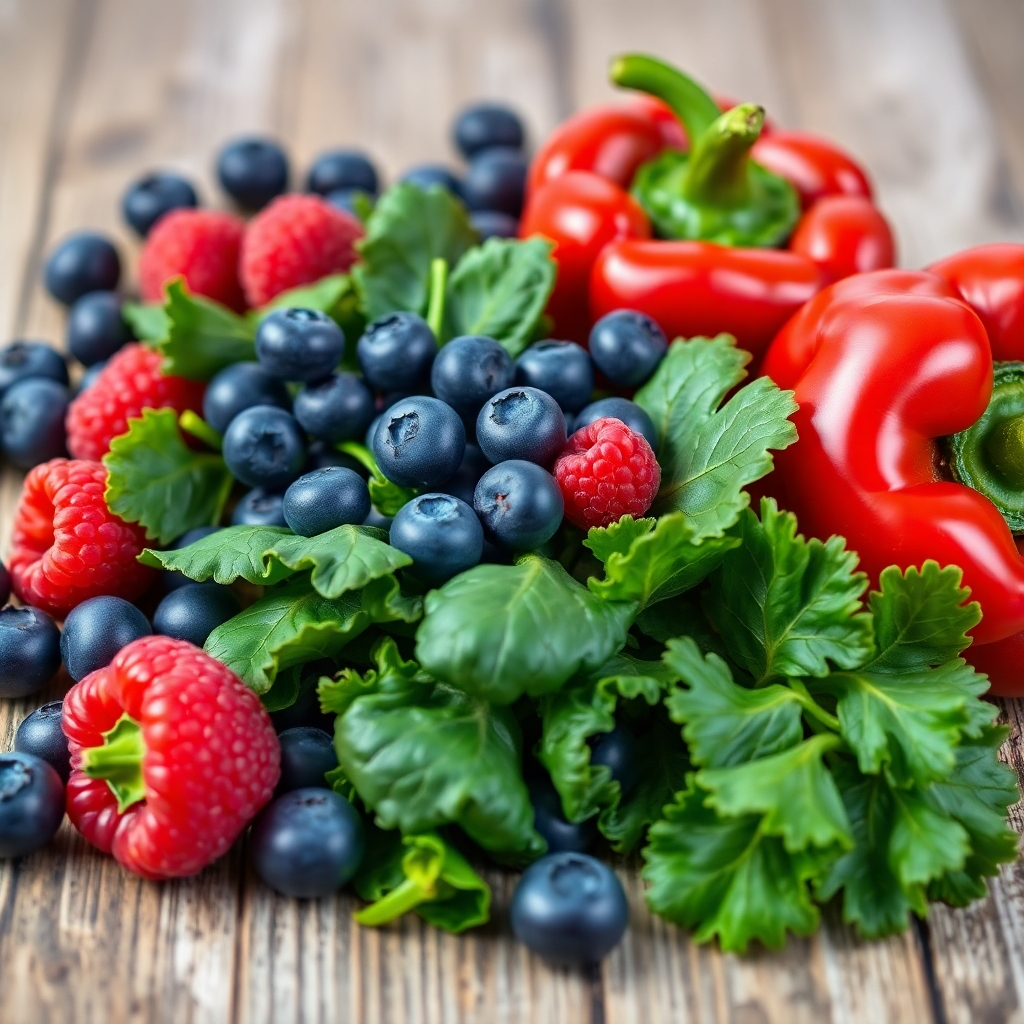 A still life photograph showcasing a vibrant assortment of antioxidant-rich foods. The composition features blueberries, raspberries, spinach, kale, and red bell peppers arranged artfully on a rustic wooden surface. The lighting is soft and natural, highlighting the textures and colors of the food. Camera angle: Close-up, capturing the details of each item. Color palette: Primarily deep blues, reds, and greens. Style reference: Clean, vibrant, and health-focused imagery. Technical specs: 4K resolution, macro lens.