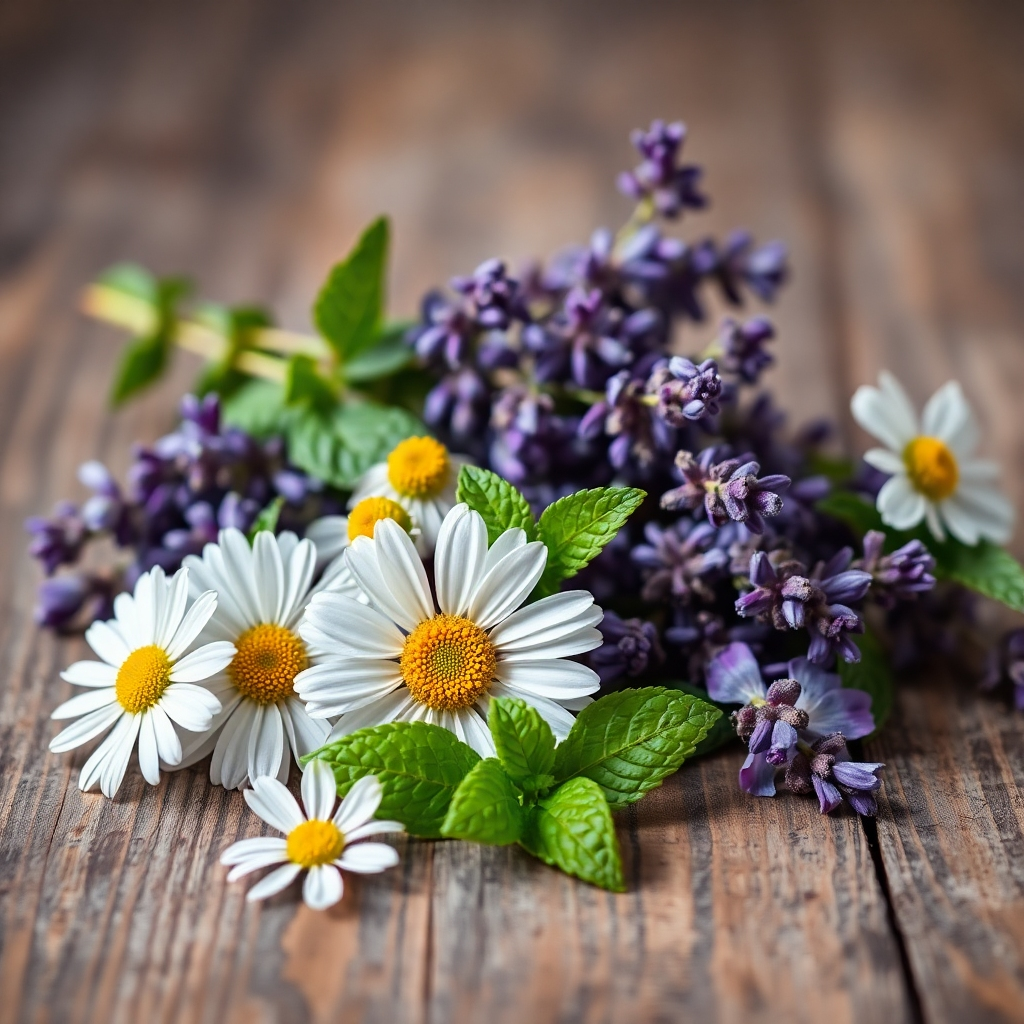 A still life photograph showcasing a selection of calming herbs. The composition includes chamomile flowers, lavender sprigs, and peppermint leaves arranged on a rustic wooden surface. The lighting is soft and diffused, creating a sense of calm and relaxation. Camera angle: Close-up, capturing the details of each herb. Color palette: Primarily purples, greens, and whites. Style reference: Natural, rustic, and health-focused imagery. Technical specs: 4K resolution, studio lighting.
