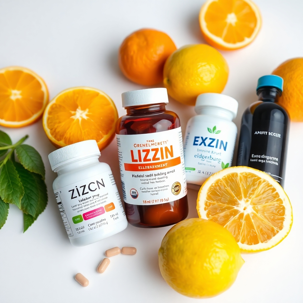 A still life photograph showcasing a selection of immune-boosting ingredients. The composition includes oranges, lemons, zinc supplements, and elderberry syrup arranged on a white surface. The lighting is bright and even, highlighting the vibrant colors of the fruits and the clean labels of the supplements. Camera angle: Eye-level, capturing the products from a straightforward perspective. Color palette: Primarily oranges, yellows, and whites. Style reference: Clean, modern, and health-focused imagery. Technical specs: 4K resolution, studio lighting.