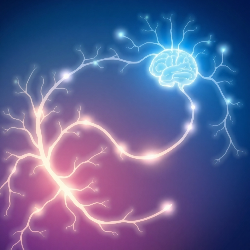 A stylized, artistic representation of the gut-brain connection. The image depicts a winding path of interconnected neurons leading from the gut (represented by swirling patterns and microbial life) to the brain (represented by a glowing, healthy brain silhouette). The color palette should be calming and harmonious, with blues, greens, and purples. Lighting should be soft and ethereal, suggesting a sense of interconnectedness. Camera angle: aerial view, showcasing the entire pathway. Style reference: a blend of scientific illustration and abstract art.