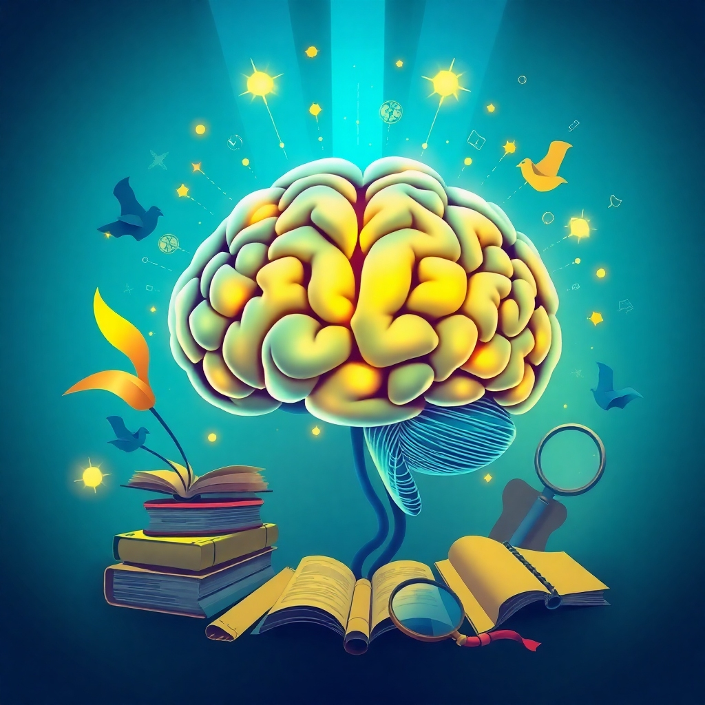 A stylized image depicting a brain illuminated with knowledge and understanding. The brain is surrounded by symbols of learning, such as books, scrolls, and magnifying glasses. The color palette should be bright and vibrant, with blues, greens, and yellows. Lighting should be ethereal and inspiring, creating a sense of enlightenment. Style reference: a blend of infographic design and abstract art.