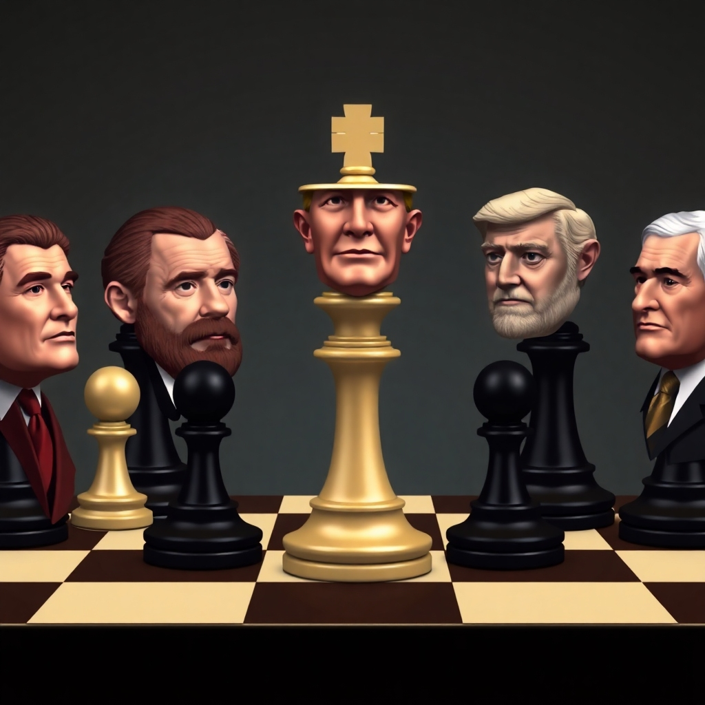 A stylized image of a chess board with political figures as the chess pieces, each with distinct characteristics and poses, representing the strategic nature of politics. Style reference: Renaissance portraits. Technical Specs: 4K resolution.