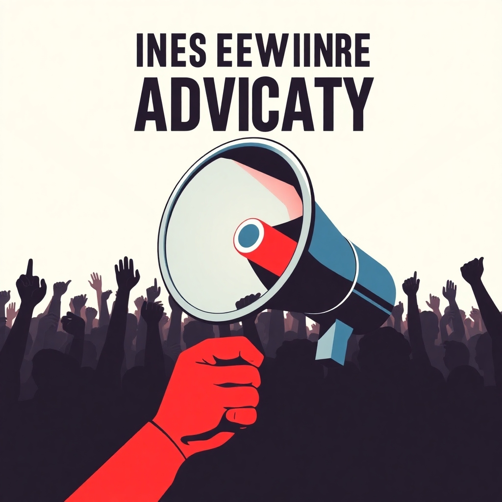 A stylized image of a megaphone amplifying a single voice, representing the power of individual advocacy. The background should be filled with a crowd of people raising their hands in support. Style reference: Propaganda poster. Technical Specs: 4K resolution.