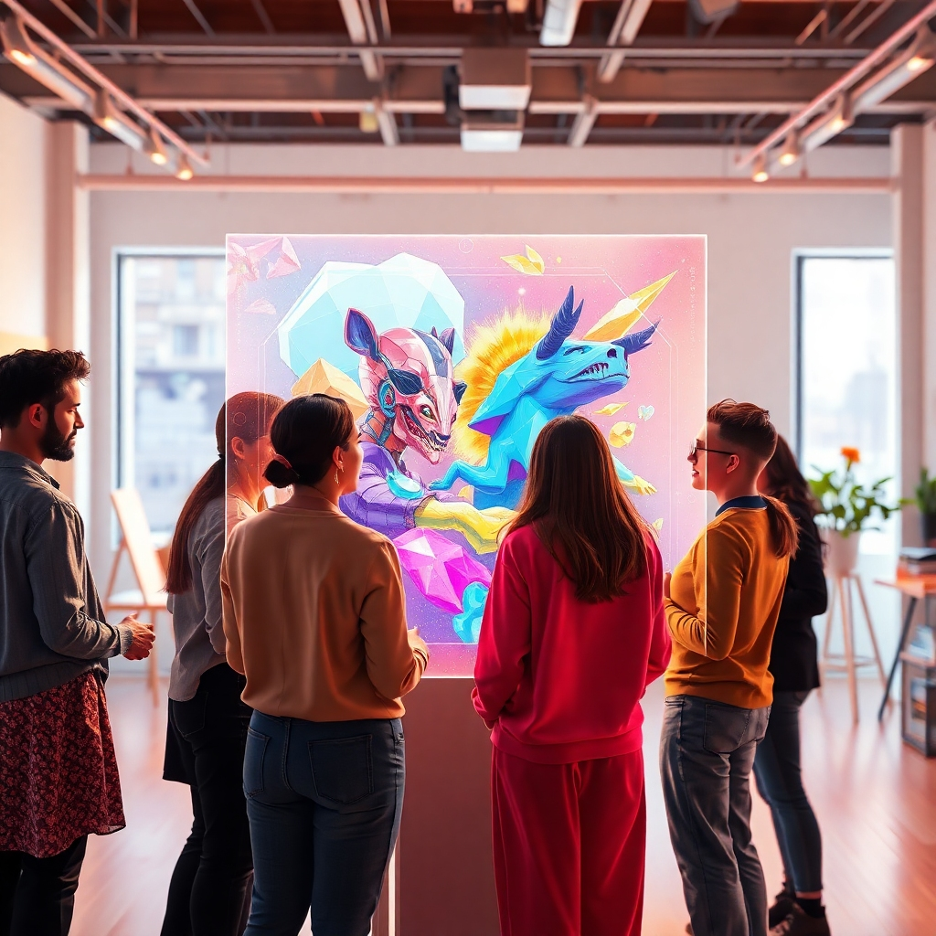 A stylized image representing the core of Artificially Innovative. Imagine a diverse group of people collaborating around a holographic display showcasing AI-generated art. The art style is vibrant and futuristic, with elements of both abstract and realism. The lighting is warm and inviting, highlighting the collaborative atmosphere. The camera angle is medium, capturing the interaction and the holographic display. The textures should be smooth and clean, reflecting the modern technology. The environment is a bright, open studio space filled with creative energy. The overall feeling is one of innovation and accessibility. 4K resolution, high quality.