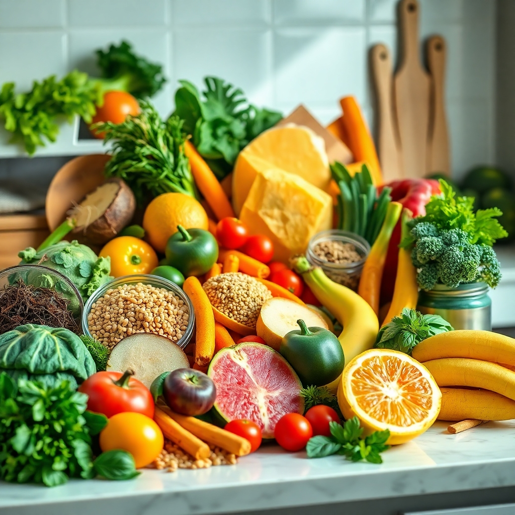 A vibrant and colorful scene depicting a variety of fresh and nutritious foods, arranged artfully on a kitchen countertop. The composition includes fruits, vegetables, whole grains, and lean proteins, each with a distinct texture and color. The lighting is bright and inviting, highlighting the natural beauty of the food. Camera angle: Medium shot, capturing the entire scene from a slightly elevated perspective. Color palette: Primarily vibrant and colorful tones, with accents of green, red, and yellow. Style reference: Natural, organic, and health-focused imagery. Technical specs: 4K resolution, natural lighting.