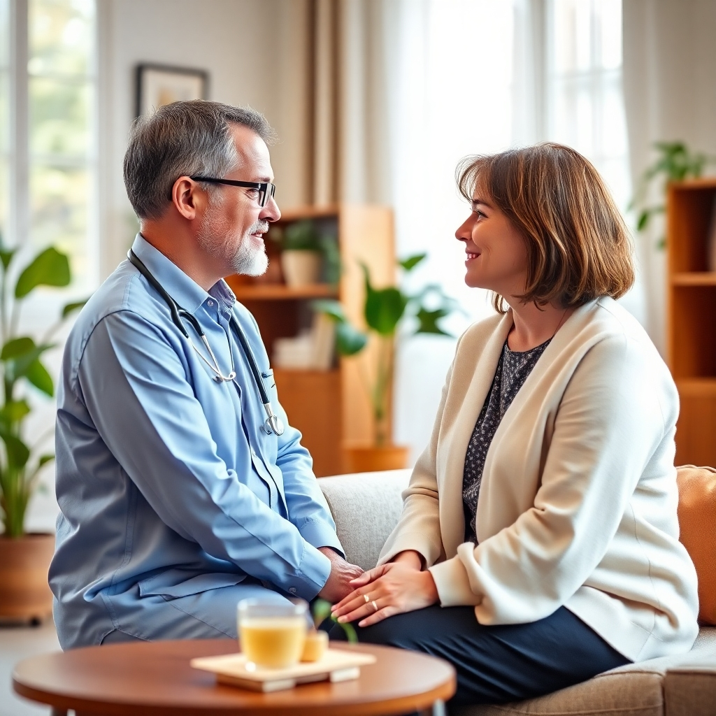 A warm and inviting scene depicting a one-on-one consultation between a health professional and a client. The setting is a comfortable and well-lit office with natural elements such as plants and wooden furniture. The lighting is soft and diffused, creating a sense of trust and collaboration. Camera angle: Medium shot, capturing the interaction between the two individuals. Color palette: Primarily warm and inviting tones, with accents of green and brown. Style reference: Professional, approachable, and health-focused imagery. Technical specs: 4K resolution, natural lighting.