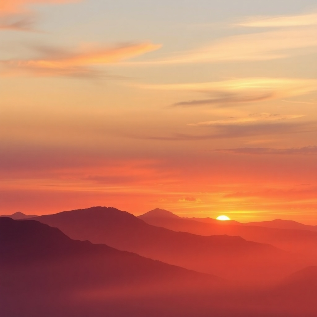 An AI art generator creating a photorealistic landscape based on the prompt: 'A serene sunset over a mountain range'. Focus on the transition from text to image.