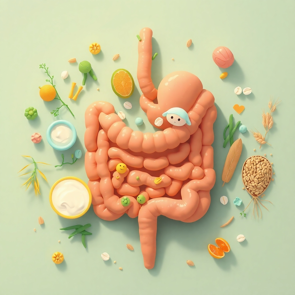 An illustration showcasing the concept of gut health. The scene features a stylized depiction of the digestive system, populated with friendly bacteria and fiber-rich foods like yogurt, kefir, and whole grains. The lighting is soft and inviting, creating a sense of comfort and well-being. Camera angle: Overhead, capturing the entire scene from a top-down perspective. Color palette: Primarily greens, yellows, and oranges. Style reference: Friendly, informative, and approachable illustration. Technical specs: 4K resolution, digital painting.