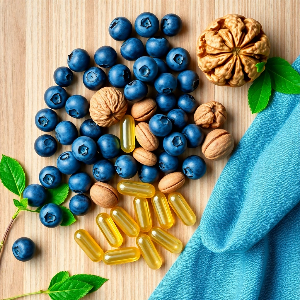 An overhead shot of blueberries, walnuts, and Ginkgo Biloba capsules arranged on a wooden surface. The composition is clean and minimalist, highlighting the natural textures and colors of the ingredients. The lighting is soft and natural, creating a sense of calm and focus. Camera angle: Overhead, capturing the entire scene from a top-down perspective. Color palette: Primarily blues, browns, and greens. Style reference: Clean, modern, and health-focused imagery. Technical specs: 4K resolution, studio lighting.