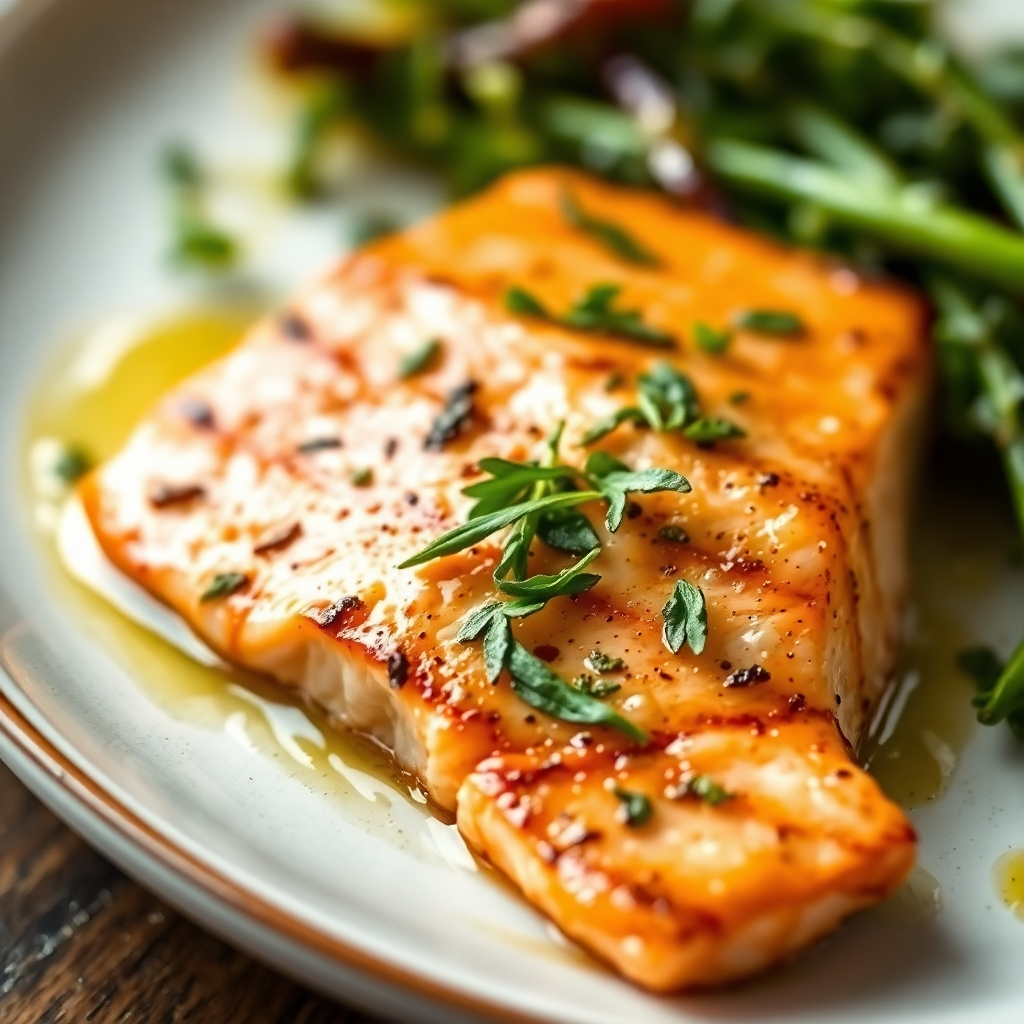 Capture a close-up shot of a plate featuring a serving of grilled salmon, garnished with fresh herbs and a drizzle of olive oil. Focus on the textures of the fish, the vibrant colors of the herbs, and the glossy sheen of the olive oil. The lighting should be warm and inviting, emphasizing the healthy and delicious nature of the meal. Style: Rustic, appetizing, and nutritious.