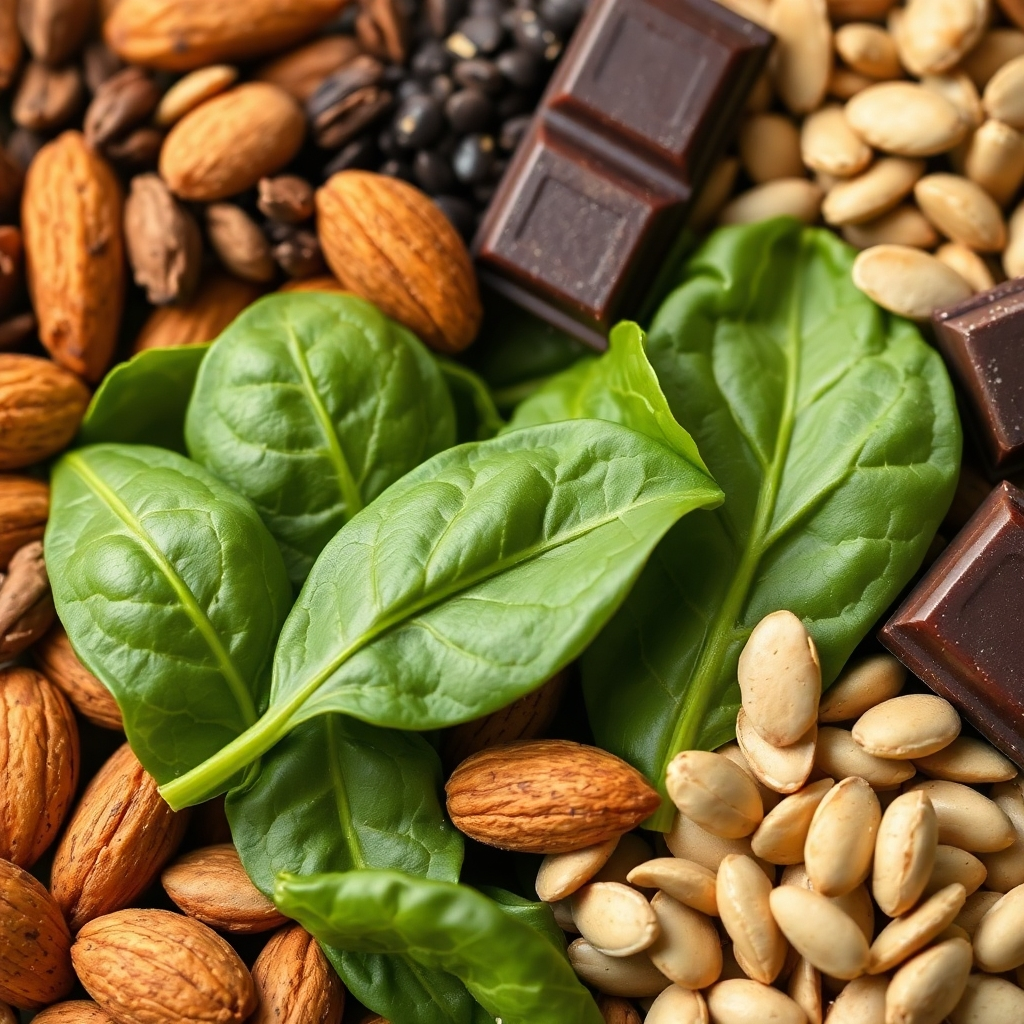 Create a close-up image showcasing a variety of magnesium-rich foods, such as spinach, almonds, pumpkin seeds, and dark chocolate. Arrange the foods in an aesthetically pleasing composition, highlighting their textures and colors. The lighting should be soft and natural, emphasizing the health benefits of these foods. Style: Natural, wholesome, and mineral-rich.