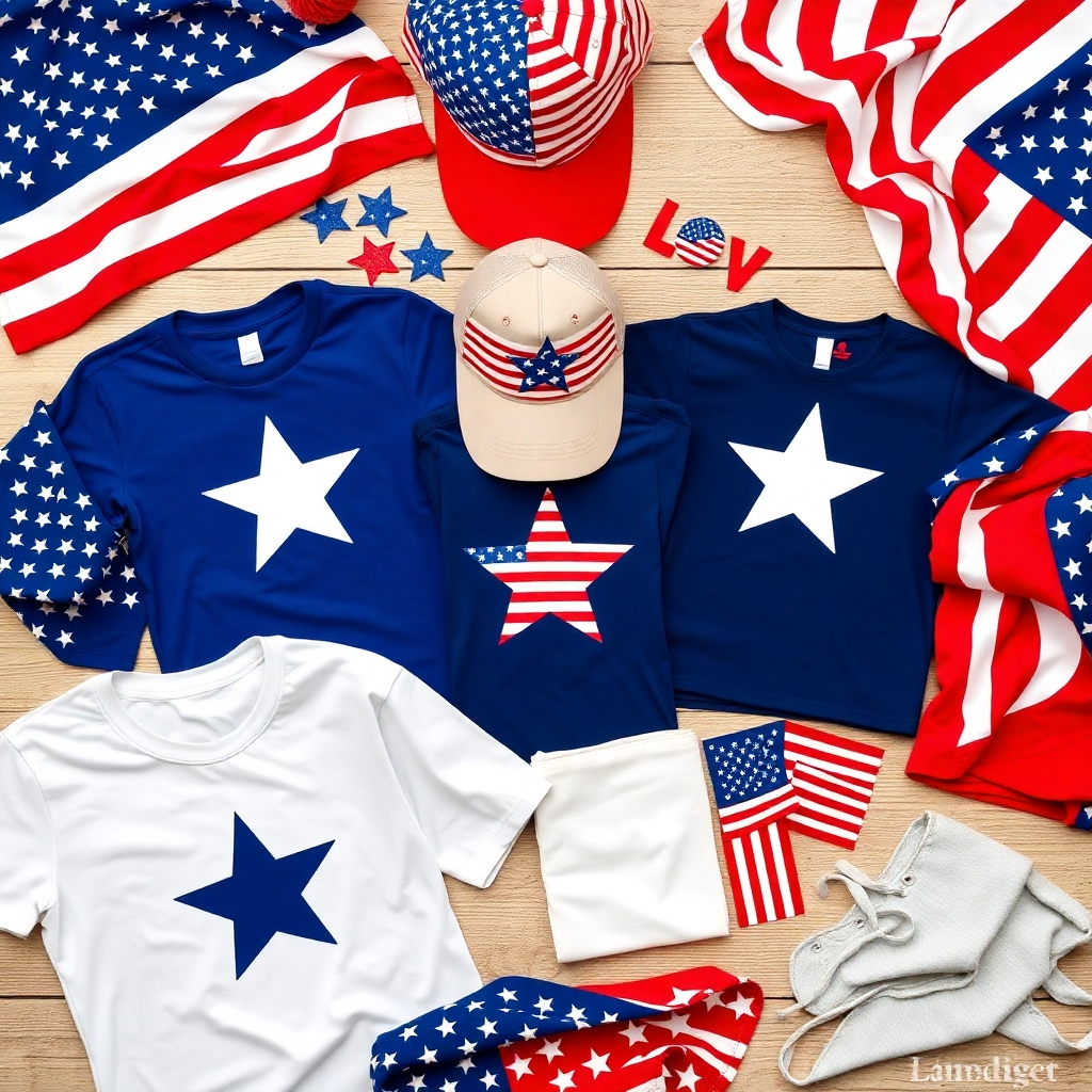 Create a flat lay image showcasing various patriotic-themed merchandise, such as t-shirts, hats, and flags. The arrangement should be visually appealing and the colors should be vibrant. Style reference: Product photography. Technical Specs: 4K resolution.