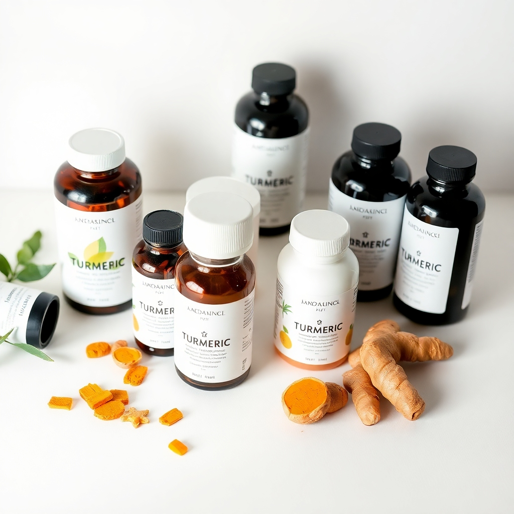 Create a photograph featuring a collection of carefully chosen natural supplement bottles, arranged on a clean white surface with soft, diffused lighting. The supplement bottles should be elegantly designed and labeled with natural imagery such as leaves or herbs. Scatter a few relevant ingredients, like turmeric root or ginger slices, around the bottles. The composition should convey a sense of purity, trustworthiness, and scientific integrity. Style: Clean, minimalist, and modern.