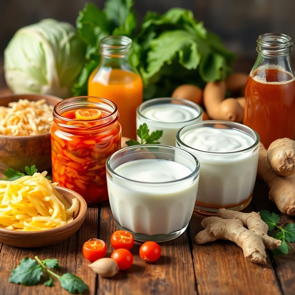 Create a photograph showcasing a variety of fermented foods, such as kimchi, sauerkraut, yogurt, and kombucha, arranged on a rustic wooden table. The lighting should be soft and natural, highlighting the textures and colors of the foods. Add some relevant ingredients, such as cabbage or ginger, to the scene. The composition should convey a sense of health, vitality, and gut-friendly goodness. Style: Natural, rustic, and inviting.