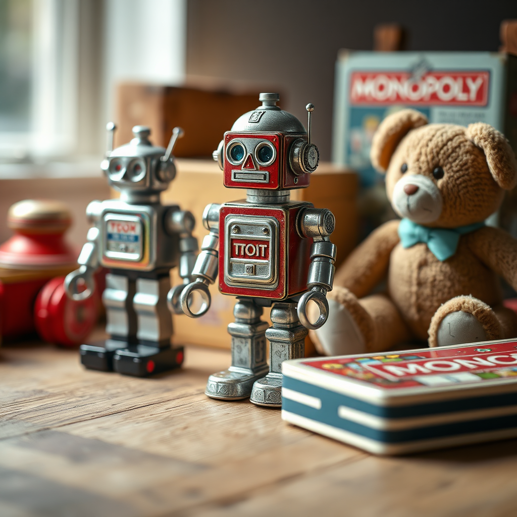 Create a photorealistic close-up shot of a collection of vintage toys, including a tin robot, a teddy bear, and a classic board game like Monopoly. Arrange them on a wooden surface with soft, natural lighting. Focus on capturing the textures and details of the toys, highlighting their unique character and age.