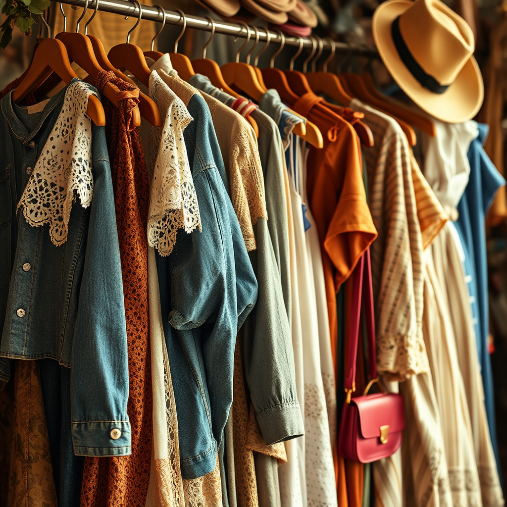 Create a photorealistic image of a vintage clothing rack filled with vibrant and unique pieces from various eras. Focus on textures like lace, leather, and denim. Use warm lighting to highlight the clothing's details and create a nostalgic feel. The background should be slightly blurred to keep the focus on the clothes. Include accessories such as hats and vintage purses.